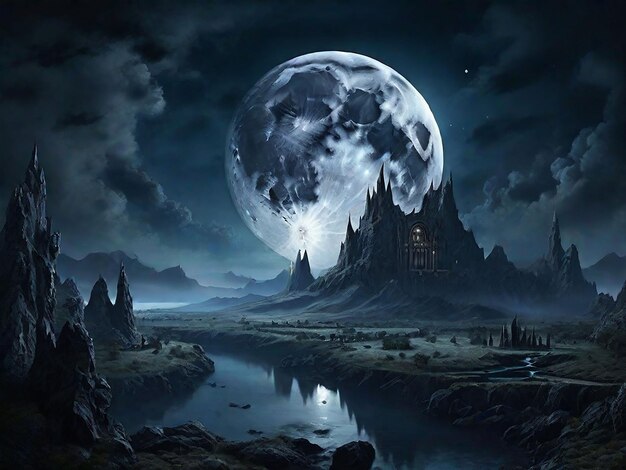 Photo full moon in dark fantasy landscape