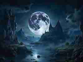 Photo full moon in dark fantasy landscape