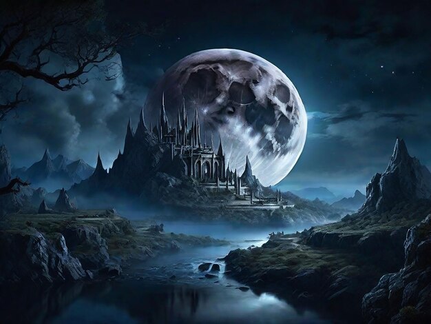 Photo full moon in dark fantasy landscape