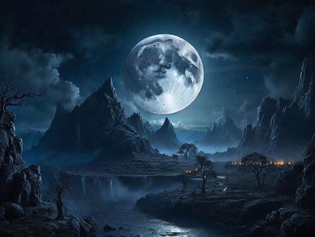 Full moon in dark fantasy landscape