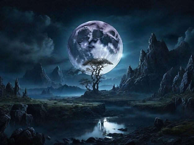 Full moon in dark fantasy landscape