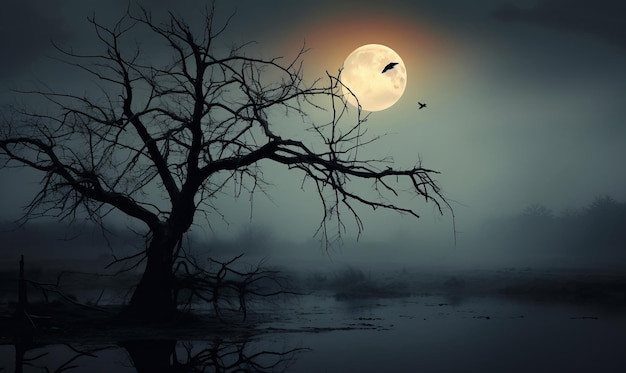 Full moon over dead tree in foggy forest Halloween concept