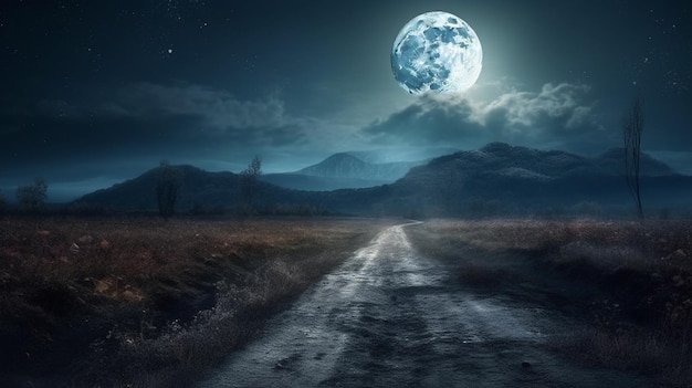 Photo full moon over a dirt road in the forestgenerative ai