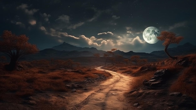 Full moon over a dirt road in the forestgenerative ai