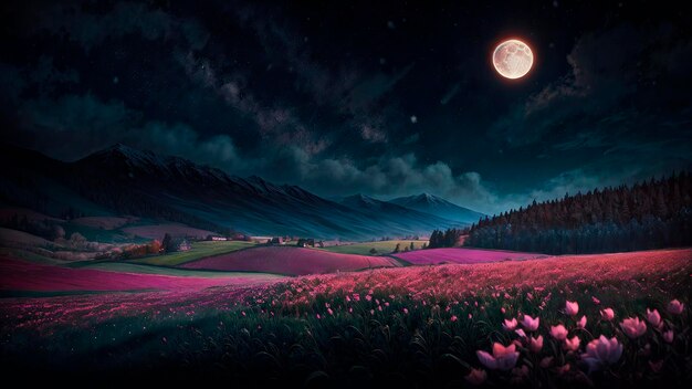 A full moon over a field of flowers