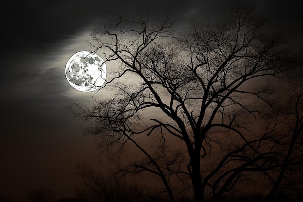 Full moon framed by the branches of a tree