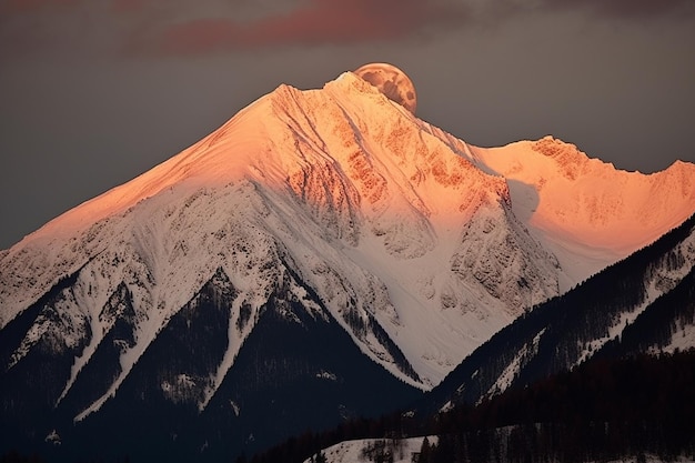 Full moon illuminating a snowy mountain peak