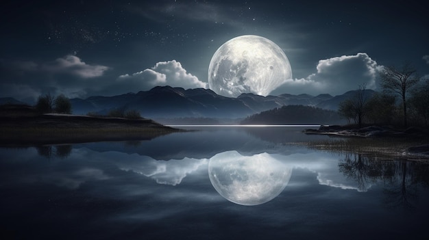 A full moon is reflected in a lakegenerative ai