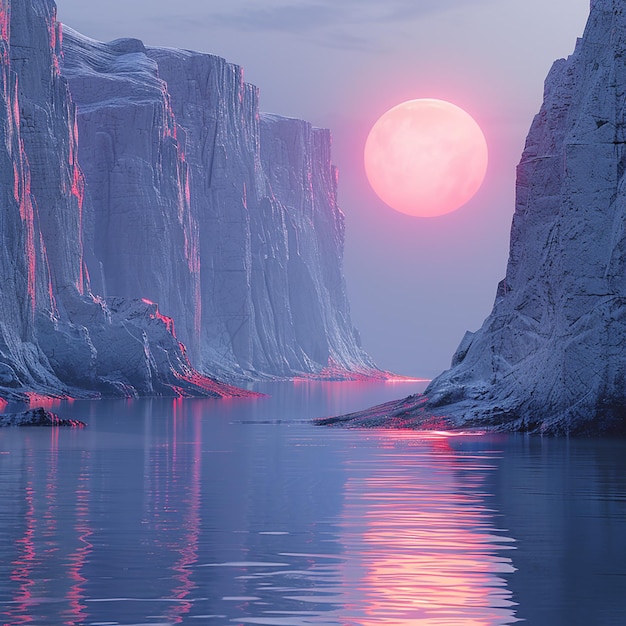 a full moon is rising over the water in a blue and pink setting