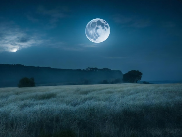 a full moon is seen over a field at night