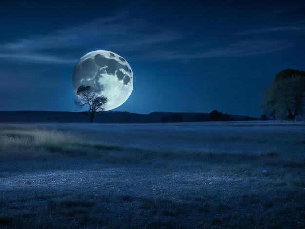 a full moon is seen over a field at night