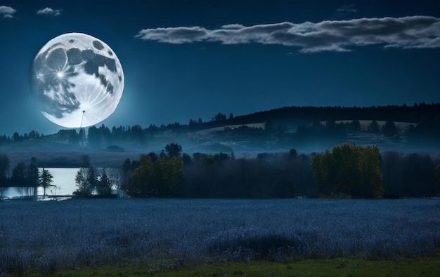 Foto di notte si vede la luna piena su un campo