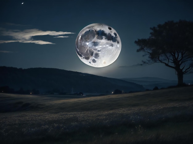 草と木のある野原の上に満月が見えます