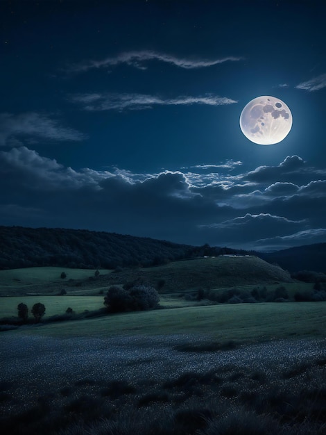 a full moon is seen over a field with grass and trees