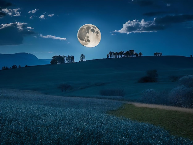 a full moon is seen over a field with a tree in the foreground