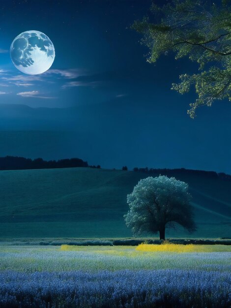 a full moon is seen over a field with a tree in the foreground