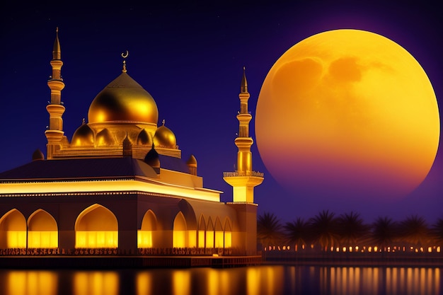 A full moon is seen behind a mosque