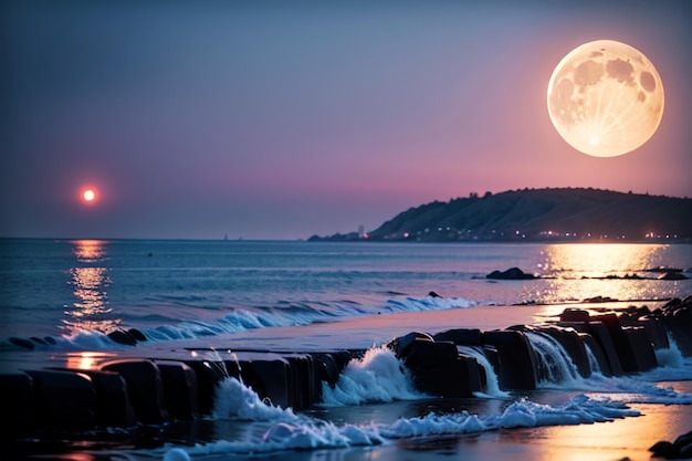 A full moon is seen over the ocean.