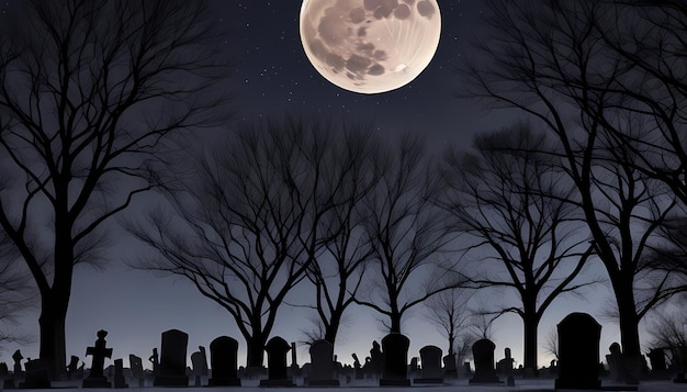 묘지 위의 하늘에 보름달이 보인다.