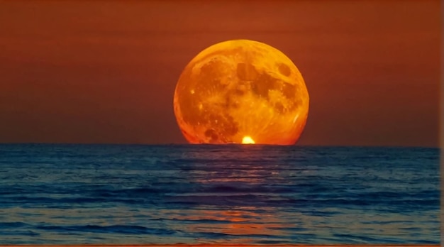 a full moon is seen in the sky above the water