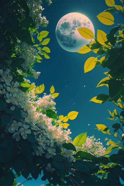 Full moon is seen through the leaves of a tree generative ai