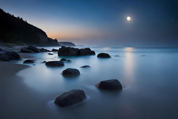 A full moon is shining over the rocks on the beach.