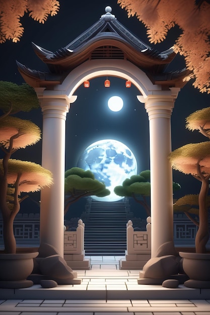 a full moon is shining through a temple at night.