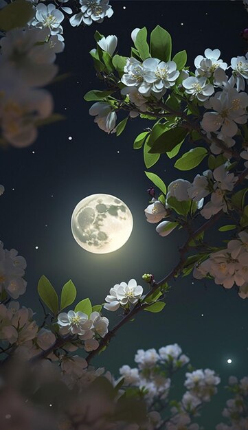 보름달은 꽃 나무 위의 하늘에 있습니다.
