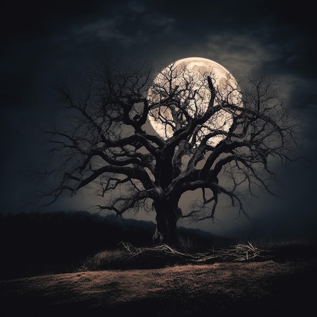 A full moon is behind a tree in a dark night.