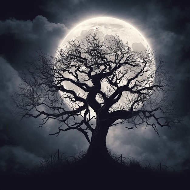 A full moon is behind a tree with a full moon in the background.