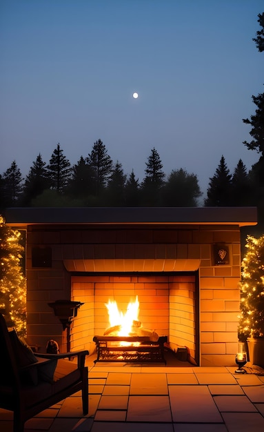 A full moon is visible over a fireplace.