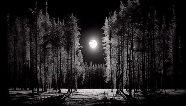 A full moon is visible over a forest of trees.