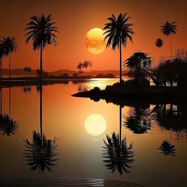 A full moon is visible over a lake with palm trees and a red sky.