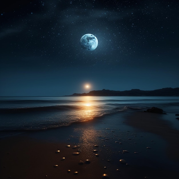 A full moon is visible over the ocean and the moon is visible.