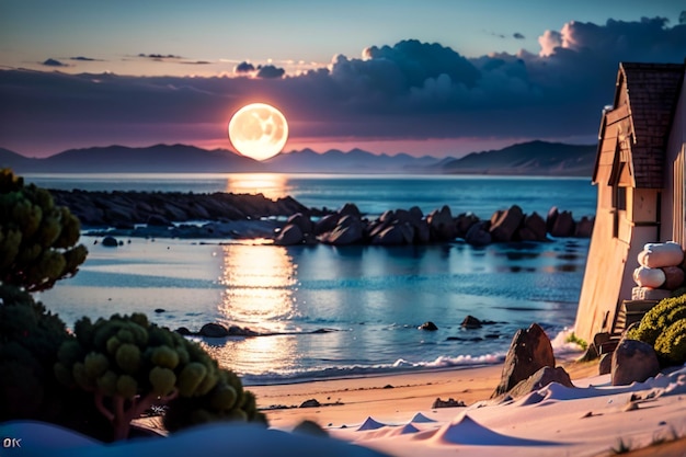 A full moon is visible over the ocean.