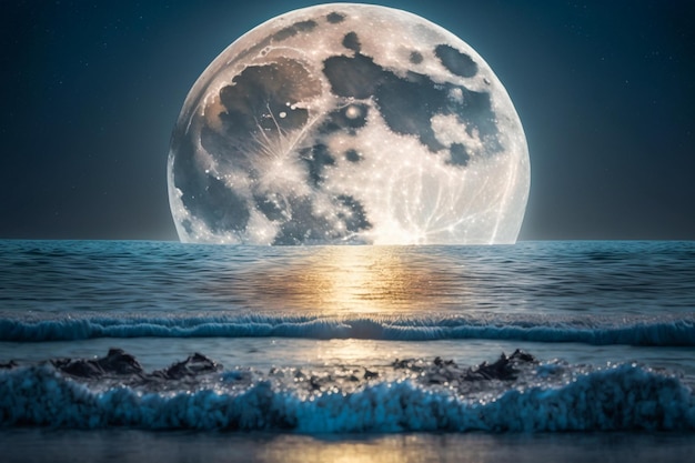A full moon is visible over the ocean.