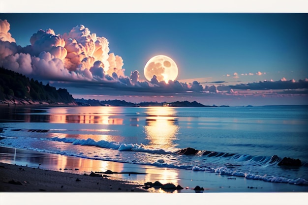 A full moon is visible over the ocean.