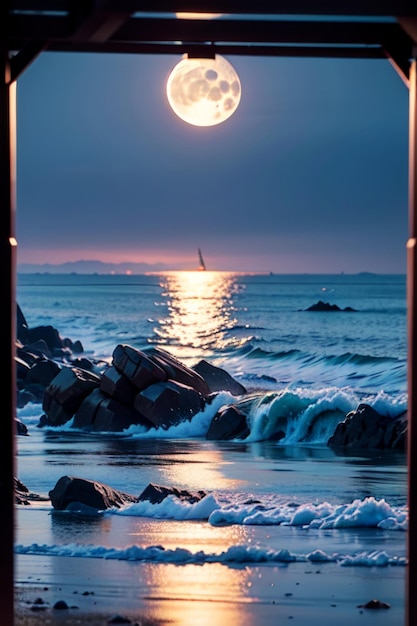 A full moon is visible through a window of a beach.