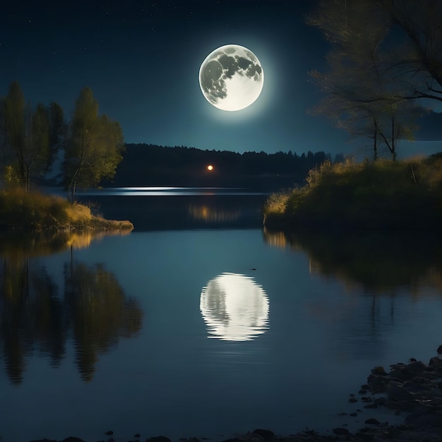 A full moon and lake view