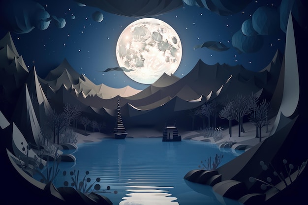 Полная луна над озером с озером и горами на заднем плане.