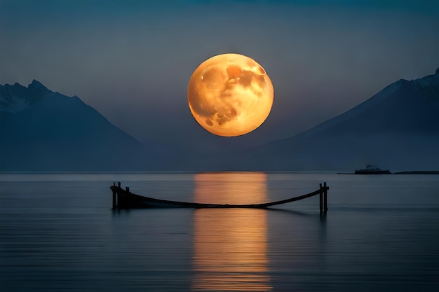 A full moon over a lake with mountains in the background