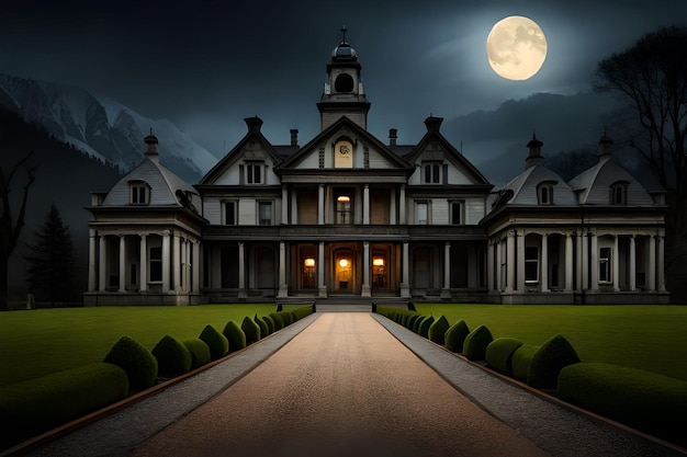 A full moon over a mansion