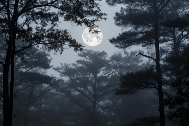 Full moon over a misty forest