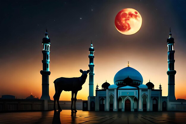 A full moon over a mosque with a deer in front