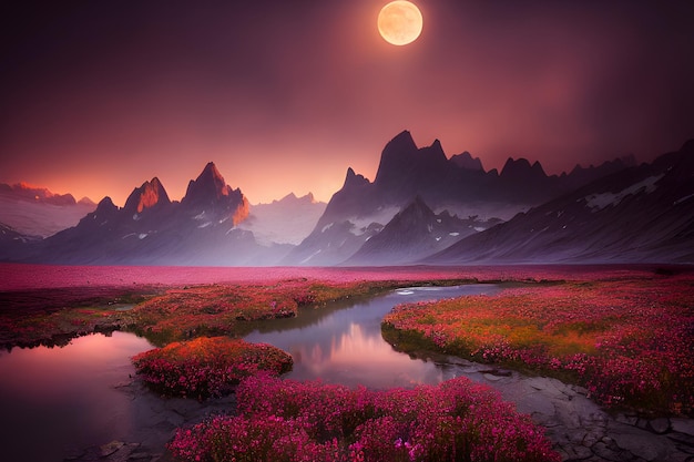 A full moon over a mountain landscape with a pink moon