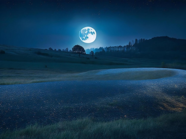 Photo a full moon over a mountain range with trees and trees