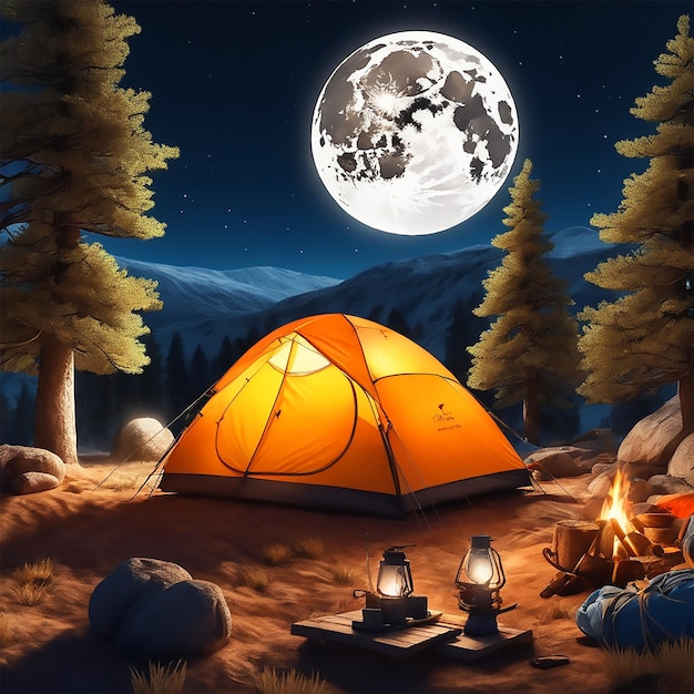 full moon Night camping under the starry sky close up