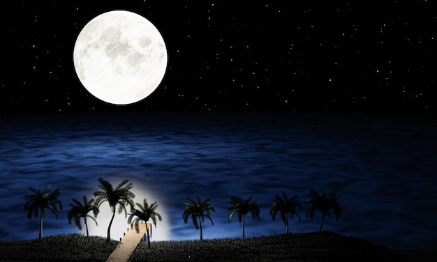 Photo full moon night many stars fill the sky a wooden bridge extends down to the sea or the pier with coconut trees along the way romantic scene by the sea on a full moon wooden bridge 3d rendering