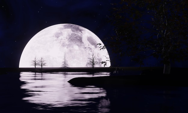 Foto notte di luna piena ma solo la metà della luna può essere vista riflesso della luna sul fiume di notte