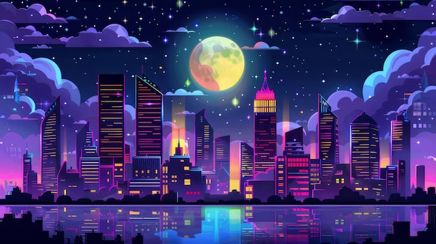 Photo full moon in a night sky modern illustration of sparkling skyscrapers with neon color windows cloudy midnight skyline and highrise building districts in downtown